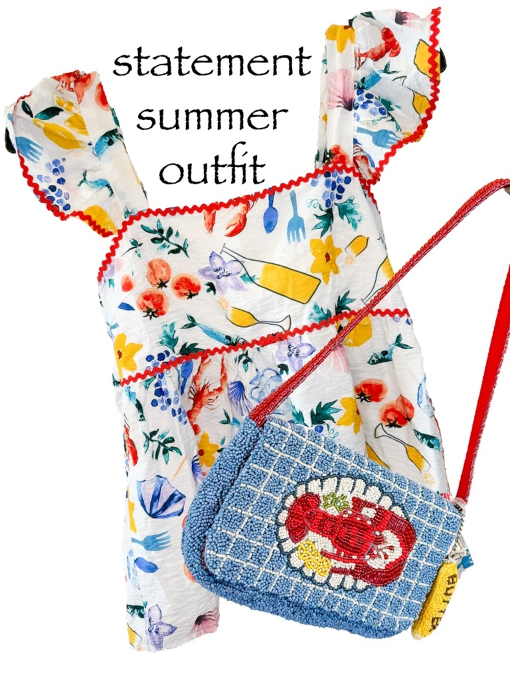 Lobster Beaded Purse NWT + Seafood Print Babydoll Top M Coastal Summer Set